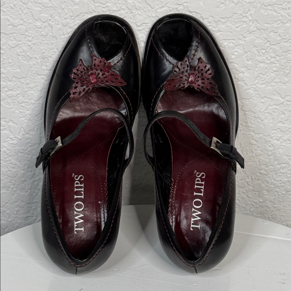 TWO LIPS SUMMER BLACK MARY JANE HEELS BUTTERFLY PEEP TOE VINTAGE Y2K SHOES - Picture 10 of 14